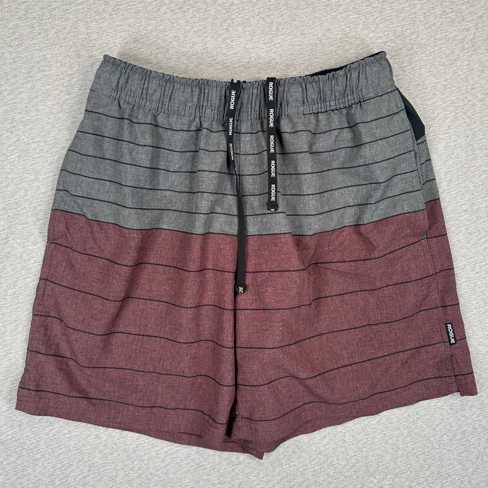 Rogue Fitness Training Shorts Mens Medium Grey Burgundy Striped CrossFit Gym